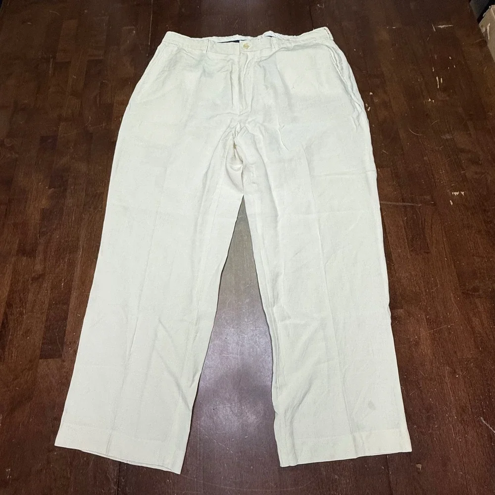 Polo Ralph Lauren Pants Fits 38/29 Cream Linen Silk Blend Flat Front Straight